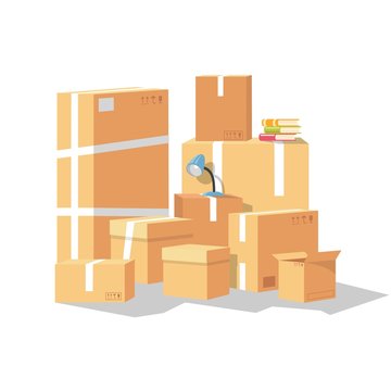 Vector set of group of cardboard boxes. Transport or removal company offering services of relocation, moving to other city, state, country. Cartoon collection isolated on white.