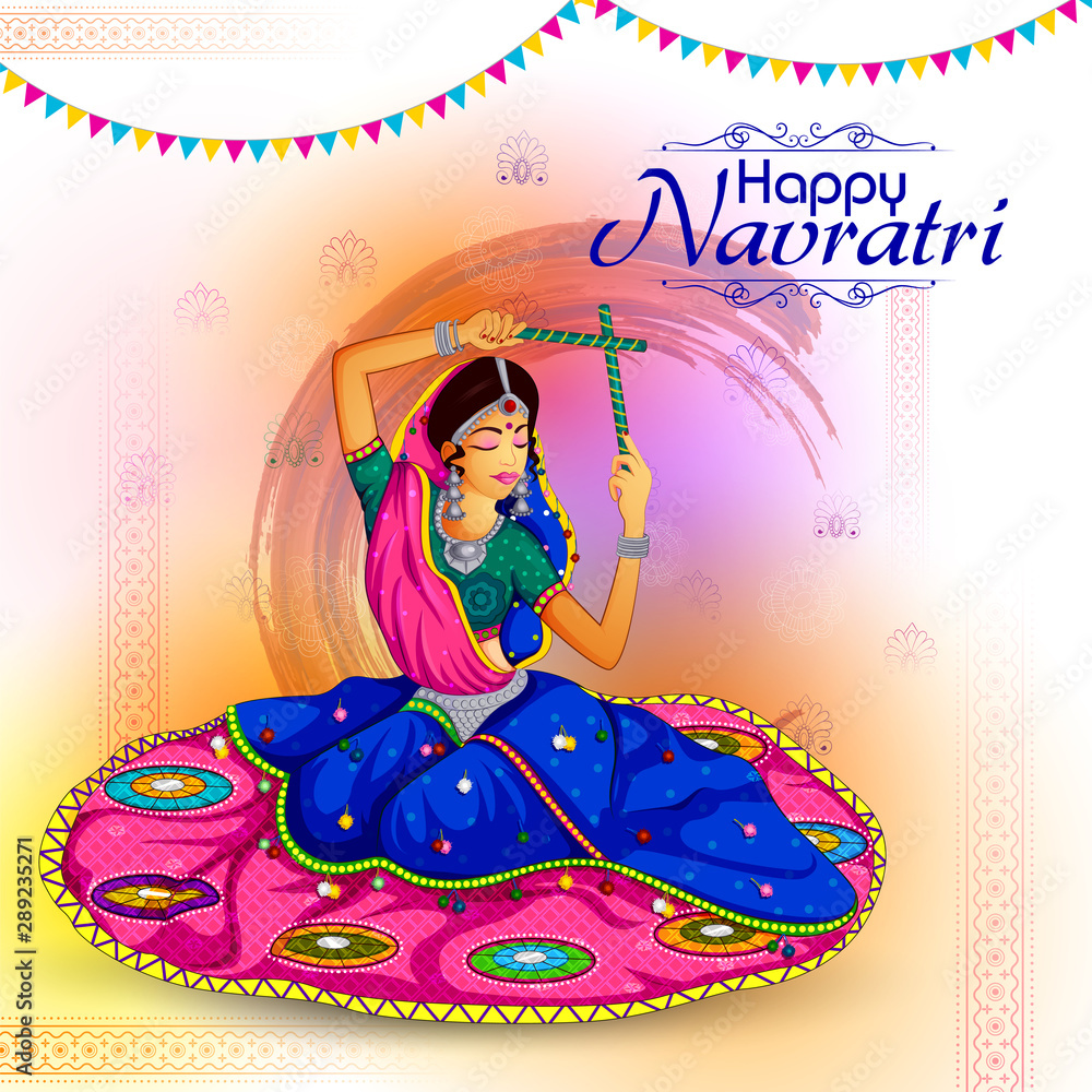 Wall mural Woman performing Garba dance in Dandiya Raas for Dussehra or Navratri in vector