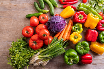 Local market fresh vegetable, garden produce, clean eating and dieting concept, Fresh vegetables on wooden table