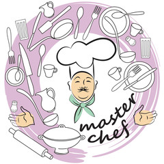 linear drawing: chef in the kitchen in a whirlwind of dishes. inscription master chief.  		vector illustration. EPS 10.
