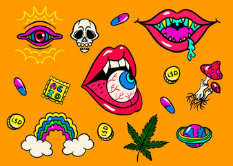 psychedelic trip symbols : LSD, weed, skull, eyeball, rainbow, drugs