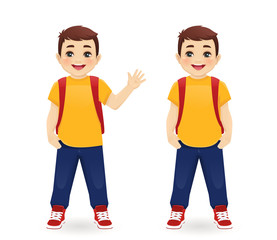 Fototapeta premium Smiling school boy with backpack waving hand isolated vector illustration