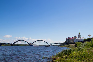 reinforced concrete arched road bridge over the Volga river in Rybinsk.