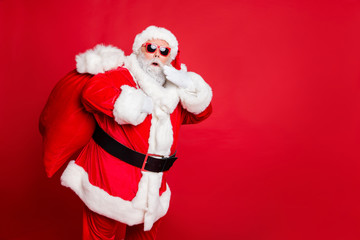 Photo of traditionally dressed amazed father hipster making noise while coming sneaking into house...
