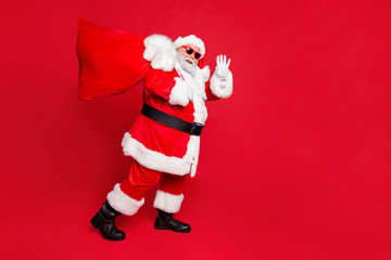 Full length body size view of cheerful cheery funky fat overweight plump gray-haired bearded man...