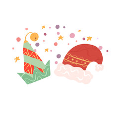 Elements of Christmas and New Year. Flat elf and Santa claus hats on stars and confetti background. Vector illustration for postcards, stickers, print, gift, poster, banner, flyer and your design.