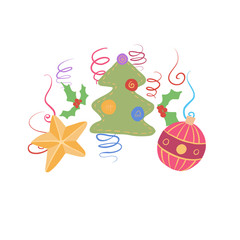 Toys of Christmas and New Year. Flat star, christmas tree, ball on serpentine background. Vector illustration for postcards, stickers, print, gift, poster, banner, flyer and your design.