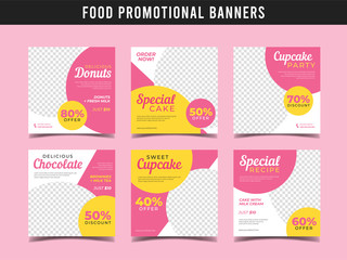 Sweet cake banner for social media post template. Cupcakes, donuts, birthday cake