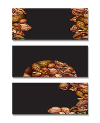 Set of horizontal banners with various cartoon nuts on a dark background with place for text. Hazelnuts, peanuts, pecans and walnuts. Vector templates for recipes, cards, covers and your design.