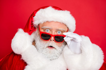 Close-up portrait of his he amazed stunned funky fat overweight plump gray-haired bearded man...
