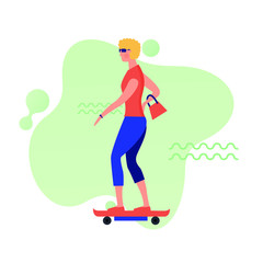 Woman riding electric skateboard. Flat vector illustration.