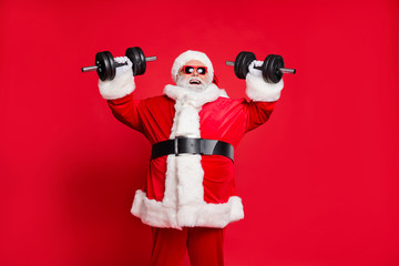 Portrait of his he nice attractive cheerful cheery glad positive fat overweighed bearded Santa working out barbell physical exercise isolated over bright vivid shine red background