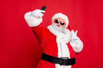 Portrait of his he nice attractive cheerful cheery positive flirty bearded Santa pouted lips taking...