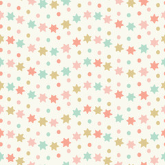Hand drawn star and spots wavy striped seamless repeat pattern. Sweet pastel coloured vector design ideal for children and baby projects.