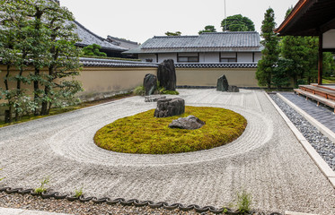 Zen Garden at Ryogen-in, the subtemple of the Daitoku-ji Buddhist complex or Temple of Great Virtue in Kyoto, Japan.