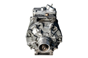 Old air conditioning compressor used in the car, isolated on a white background with a clipping path.