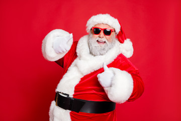 Close-up portrait of his he cheerful cheery glad confident funky fat overweight plump gray-haired bearded man showing thumbup ad advert isolated over bright vivid shine red background