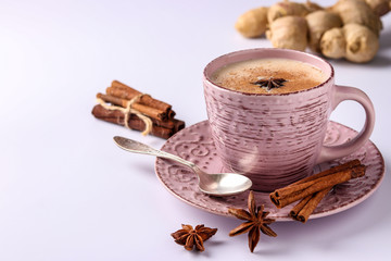 Traditional indian drink - masala tea with spices on a white background, horizontal orientation, copy space