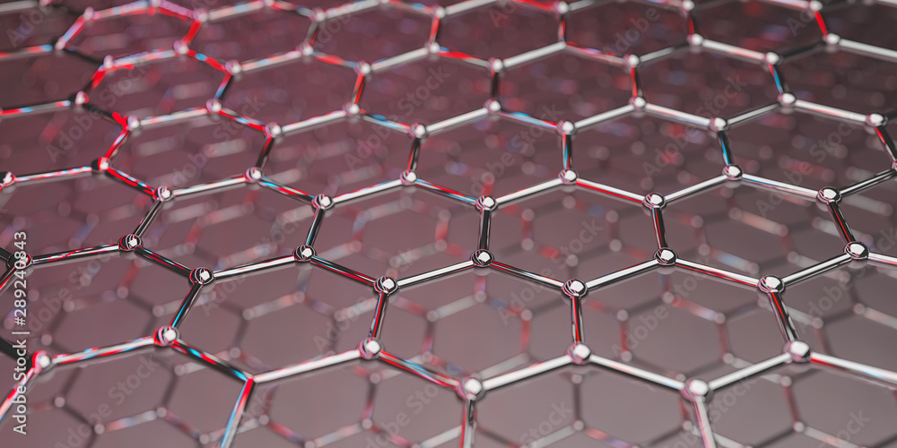 Poster graphene molecular nano technology structure on a red background - 3d rendering