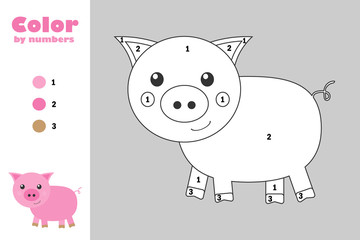 Pig in cartoon style, color by number, education paper game for the development of children, coloring page, kids preschool activity, printable worksheet, vector illustration