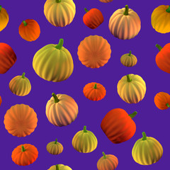 Seamless pattern with 3d rendered colored pumpkins. Concept for halloween banners, flyers, cards. Seasonal vegetables.