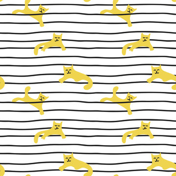 Cute yellow cat on striped background, hand drawn illustration. Children's fabric, clothing, covers and more
