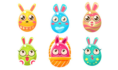 Collection of Cute Glossy Colorful Funny Eastern Egg Shaped Bunnies Cartoon Characters Vector Illustration
