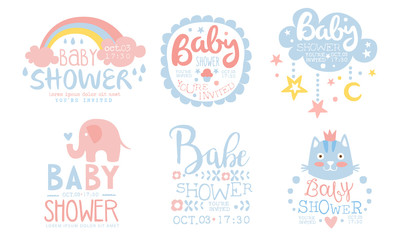 Baby Shower Invitation Templates Set, Cute Design Elements for Boy or Girl Newborn Celebration Party Hand Drawn Vector Illustration - obrazy, fototapety, plakaty