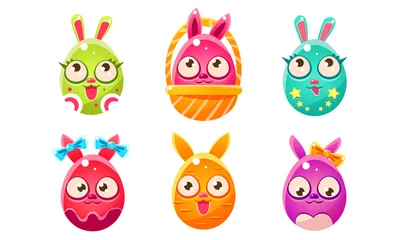 Fotobehang Collection of Cute Glossy Funny Eastern Egg Shaped Bunnies Cartoon Characters Vector Illustration © topvectors