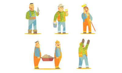 Smiling Repairman Cartoon Characters Set, Cheerful Construction Workers in Uniform and Hardhats with Professional Equipment Vector Illustration