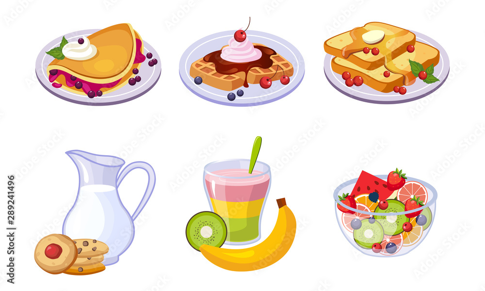 Sticker Collection of Delicious Breakfast Meal, Healthy Food and Drinks Different Sets Vector Illustration