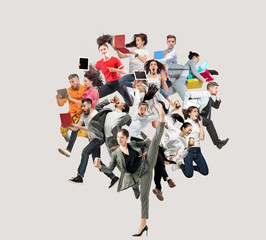 Happy office workers jumping and dancing in casual clothes or suit with folders, coffee, tablet on...