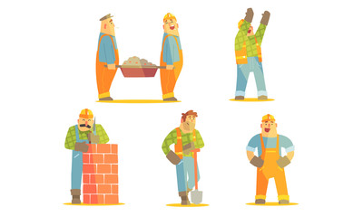 Happy Repairman Cartoon Characters Set, Construction Workers in Uniform and Hardhats with Professional Equipment Vector Illustration