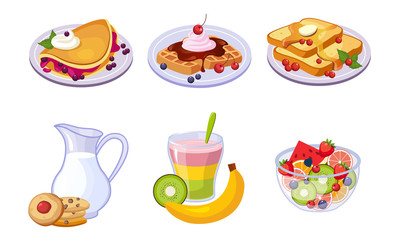 Collection of Delicious Breakfast Meal, Healthy Food and Drinks Different Sets Vector Illustration