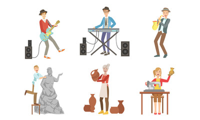 Fototapeta na wymiar People of Creative Professions Set, Musicians with Musical Instruments, Sculptor, Ceramist, Seamstress Vector Illustration