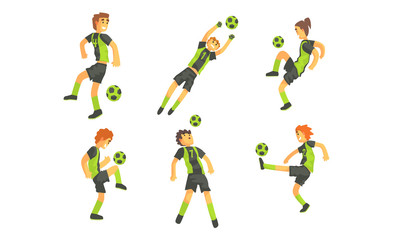 Soccer Players Kicking Ball Set, Professional Athlete Characters Showing Different Actions Vector Illustration