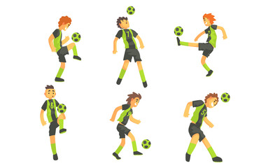 Fototapeta na wymiar Soccer Players Kicking Ball Set, Professional Athlete Characters in Sports Uniform Showing Different Actions Vector Illustration