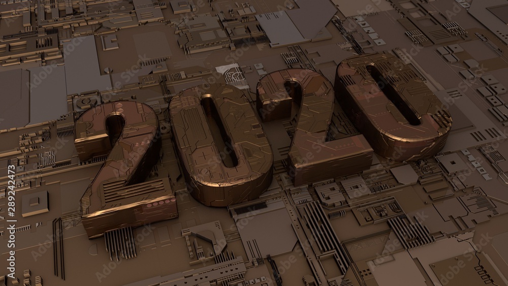 Aufkleber 3d rendering of copper symbol of 2020 new year on electronic background. 3d text illustration with t