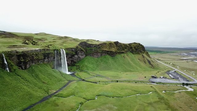 4K Aerial Drone footage of Iceland Selijalandfoss waterfall in the southern region