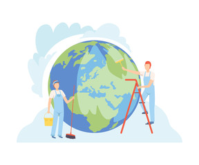 Professional Cleaners Cleaning the Earth Planet with Tools, Volunteers Taking Care About Planet Ecology, Environment, Nature Protection Flat Vector Illustration