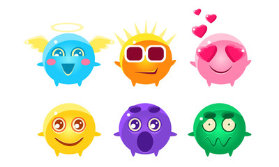 Colorful Glossy Balls Cartoon Characters Set, Cute Funny Fantastic Monsters with Various Emotions Vector Illustration