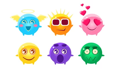Fotobehang Colorful Glossy Balls Cartoon Characters Set, Cute Funny Fantastic Monsters with Various Emotions Vector Illustration © topvectors
