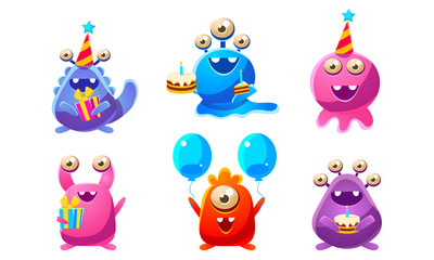 Collection of Cute Funny Colorful Monsters Cartoon Characters, Birthday Party Design, Happy Mutants Celebrating Party Vector Illustration
