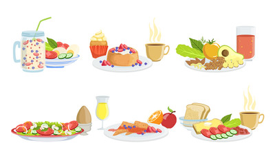 Healthy Breakfast Dishes Set, Classical Menu with Smoothie, Pancakes, Sandwiches, Fruits, Vegetables and Berries Vector Illustration