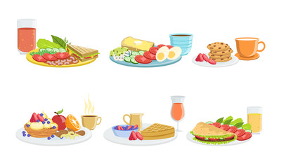 Healthy Breakfast Dishes Set, Classical Menu with Fryed Egg, Waffle, Pancakes, Cookies, Sandwich, Tako, Fruits, Vegetables and Berries Vector Illustration