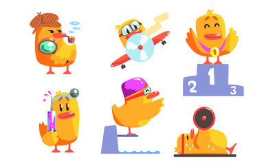 Naklejka premium Funny Humanized Chicken Cartoon Character in Various Situations Set, Funny Bird Activity Vector Illustration