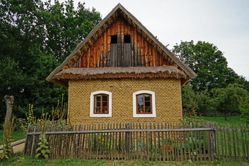 Fototapeta na wymiar Historic house made with adobe mud bricks, Straznice, Czech Republic