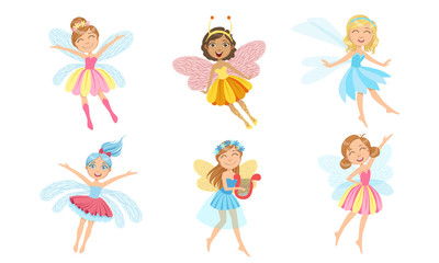 Cute Little Fairies in Colorful Dresses with Wings Set, Beautiful Girls in Fairy or Elf Costumes Vector Illustration