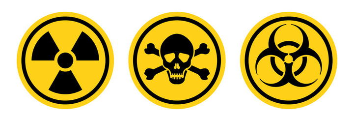 Danger warning circle yellow sign. Radiation sign, Toxic sign and biohazard vector icon isolated on white background.