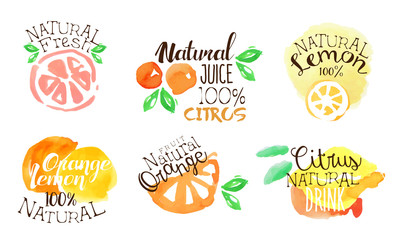 Fresh Natural Citrus Juice Labels Set, Orange, Lemon Juice Bright Badges Hand Drawn Watercolor Vector Illustration